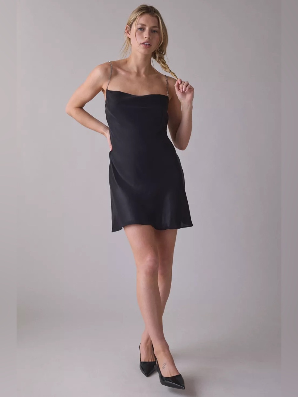 Urban Outfitters Black Cowl Neck Mini Dress with Gold Chain Straps